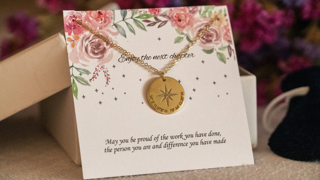 New Job Gift, Enjoy the Next Chapter, Coworker Leaving Job, Goodbye Gift, Statement Necklace,Silver Compass Necklace, Coordinates Pendant