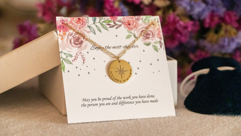 New Job Gift, Enjoy the Next Chapter, Coworker Leaving Job, Goodbye Gift, Statement Necklace,Silver Compass Necklace, Coordinates Pendant