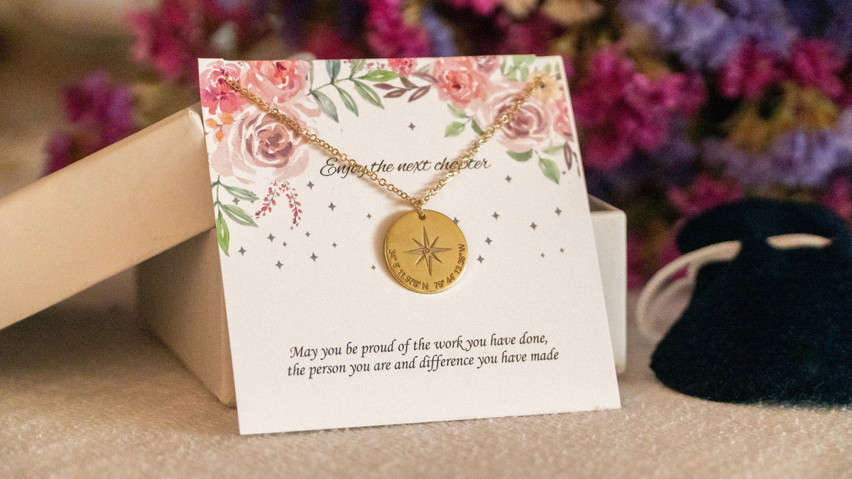 New Job Gift, Enjoy the Next Chapter, Coworker Leaving Job, Goodbye Gift, Statement Necklace,Silver Compass Necklace, Coordinates Pendant