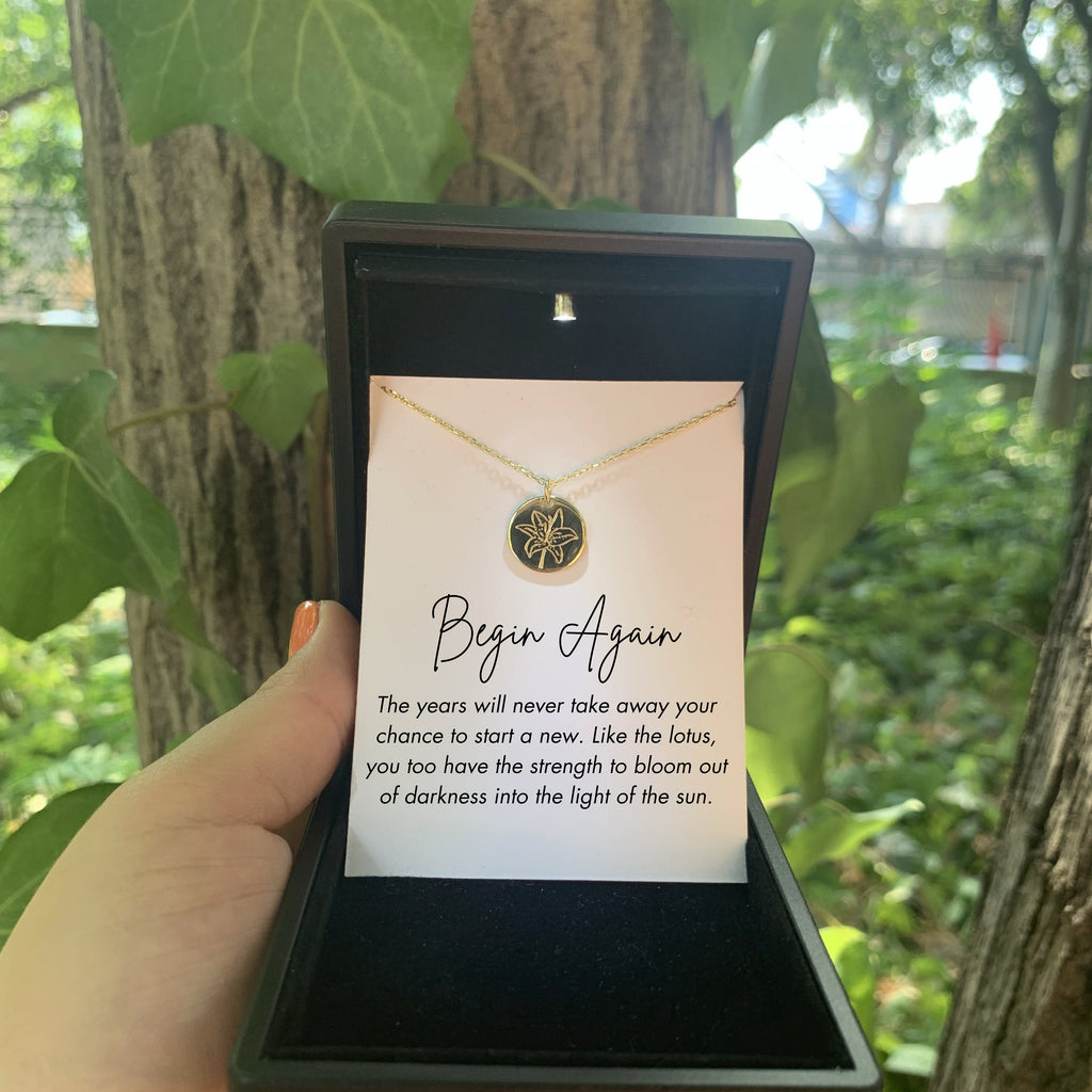 Silver Lotus Necklace with LED Light Jewelry Box, Motivational Jewelry, Breakup Jewelry, Encouragement Uplifting Gift, Positive Quotes,