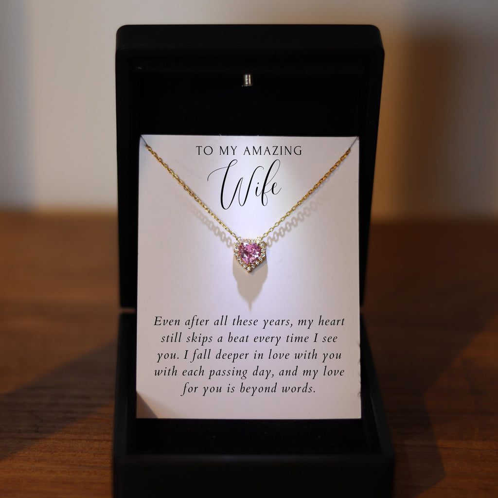 Wife Birthstone Heart Necklace with Led Light Box, Wife Birthday Necklace, Wife Anniversary Gift, Wife Gift from Husband