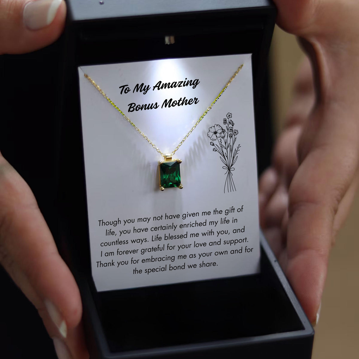 Bonus Mom Jewelry with Led Light Box, Birthstone Necklace with Gift Card, Mother in Law Gift, Step Mom Necklace