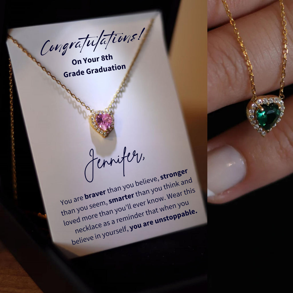 8th Grade Graduation Heart Necklace, Silver Necklace for Graduation, Eighth Grade Birthstone Heart Necklace, Middle School Grad Jewelry