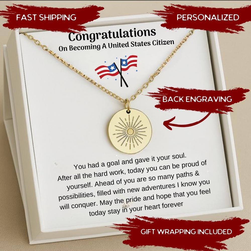 New American Citizen Necklace,  New US Citizen Gift American Naturalization Ceremony Gift, Personalized Immigrant Citizenship Congratulation