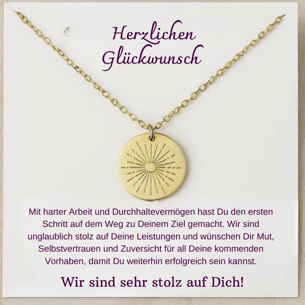 Geschenk zum Abitur, Bestandenes Große Sunbeam Halskette, Abitur 2025, Karte mit Schmuck Geschenk zum Diplom Master Bachelor