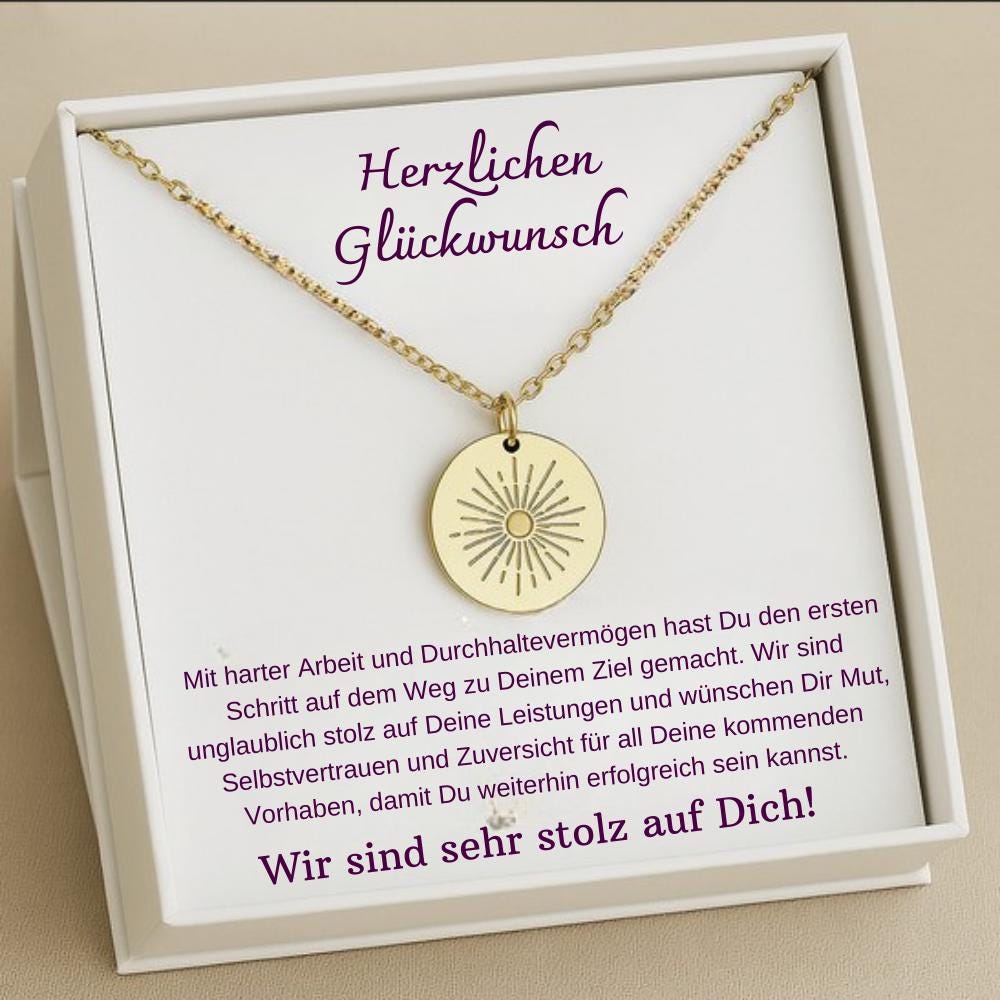 Geschenk zum Abitur, Bestandenes Große Sunbeam Halskette, Abitur 2025, Karte mit Schmuck Geschenk zum Diplom Master Bachelor