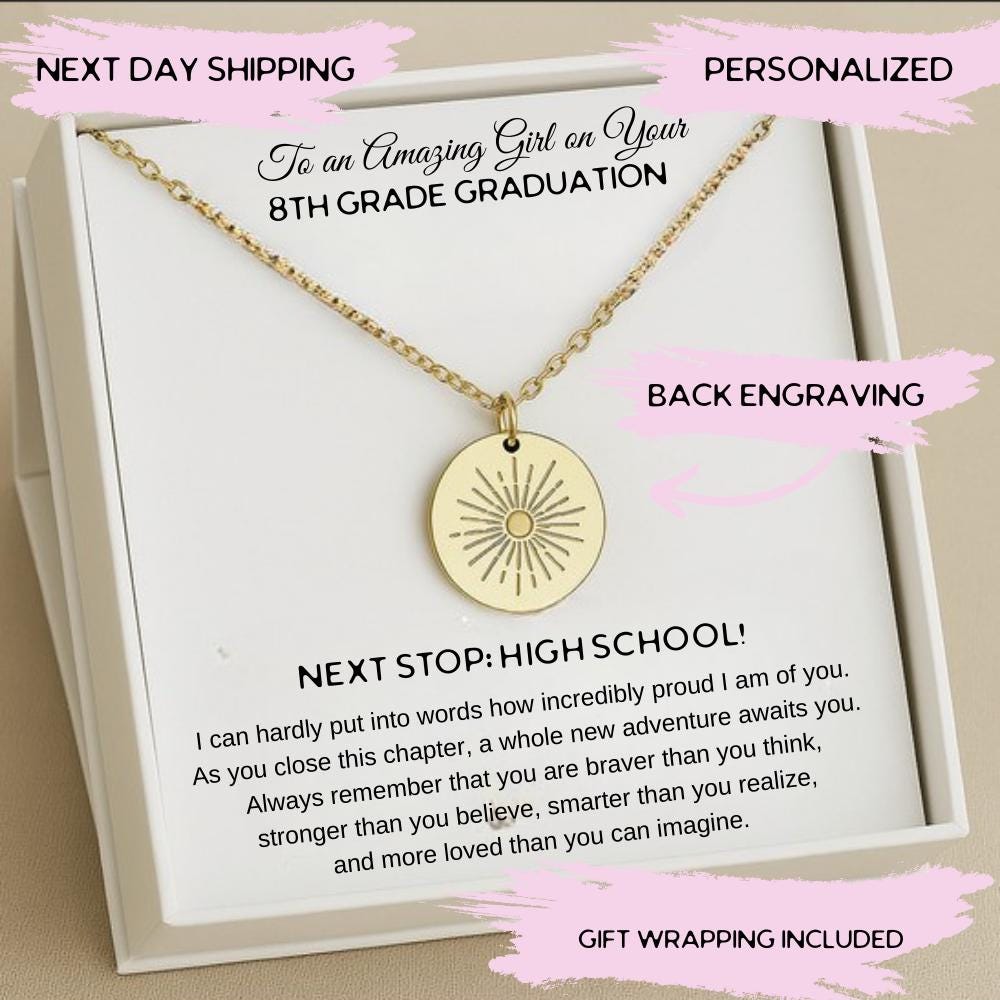 Personalized 8th Grade Graduation Silver Necklace, Eighth Grade Sun Necklace with Gift Box, Middle School Graduation 2026 Gift Ideas