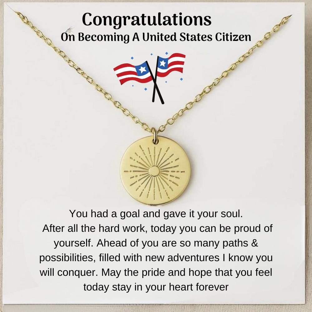 New American Citizen Necklace,  New US Citizen Gift American Naturalization Ceremony Gift, Personalized Immigrant Citizenship Congratulation