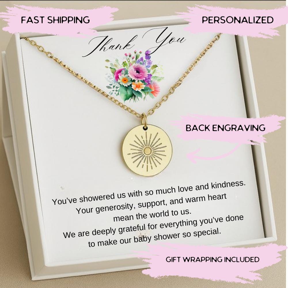 Personalized Baby Shower Hostess Necklace Gift, Baby Shower Hostess Gift, Baby Boy Hostess Thank You Gift, Baby Girl Hostess Sun Necklace