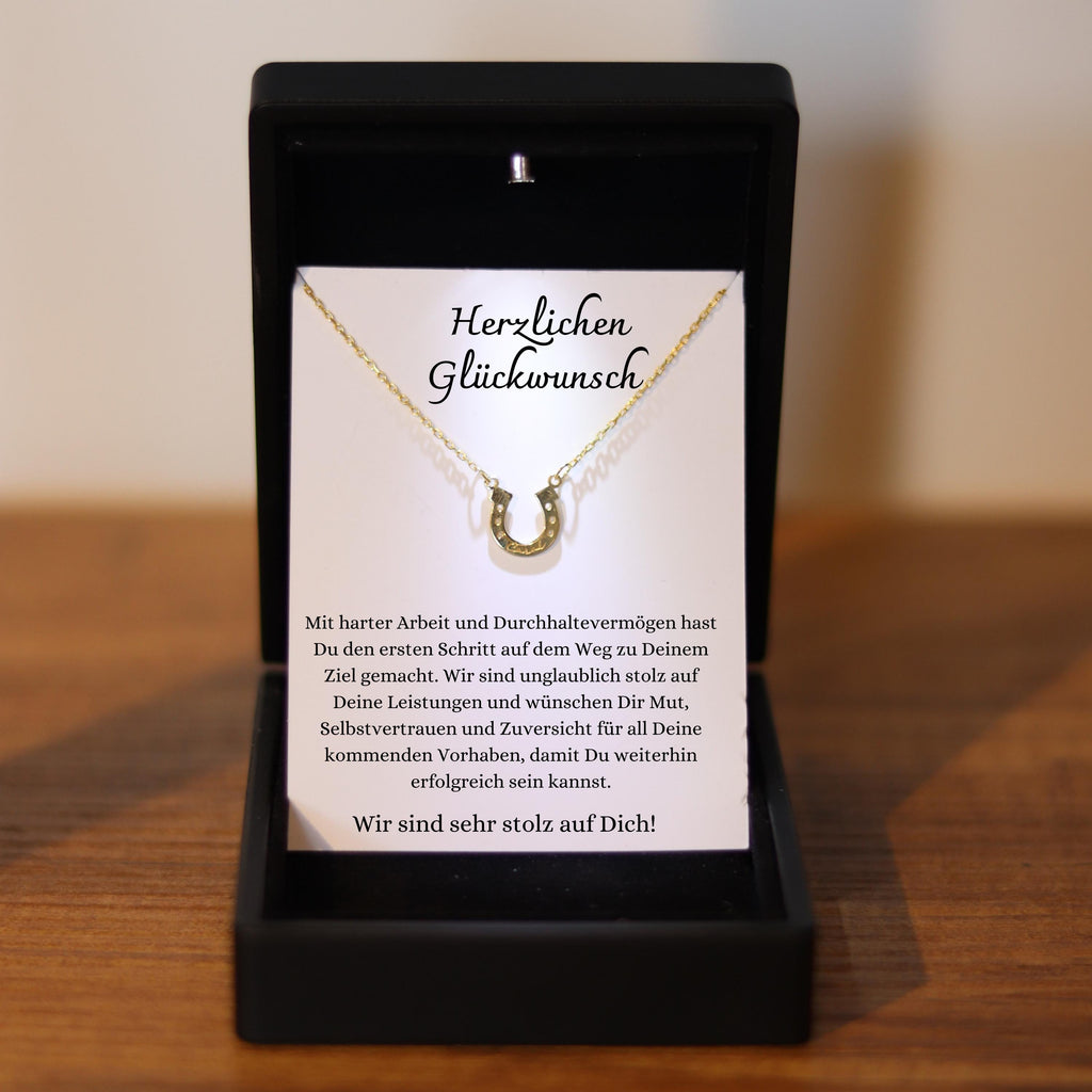 Hufeisen Kette mit Glückwunschkarte,  Stolz auf Dich Geschenk zur Prüfung, Abschluss Neuanfang Geschenk für Tochter, Freundin oder Schwester