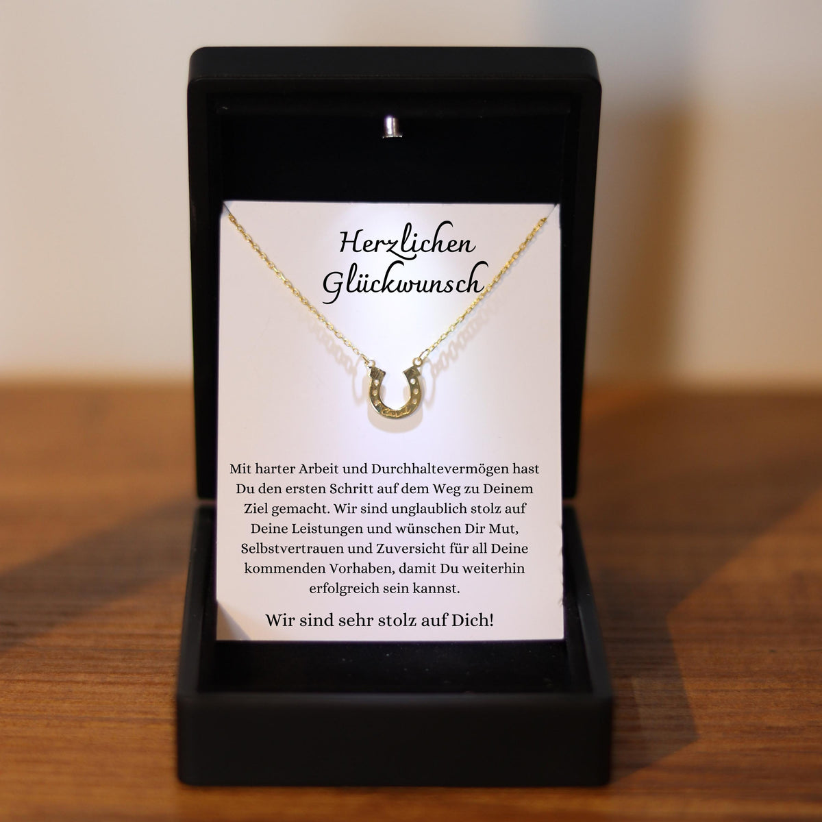 Hufeisen Kette mit Glückwunschkarte,  Stolz auf Dich Geschenk zur Prüfung, Abschluss Neuanfang Geschenk für Tochter, Freundin oder Schwester