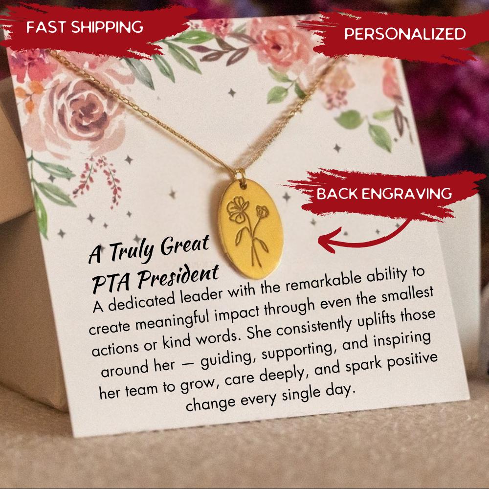 Personalized PTA President Birth Flower Necklace, PTA President Thank You Jewelry,  PTA Appreaciation Retirement Gift, School Leader Gift