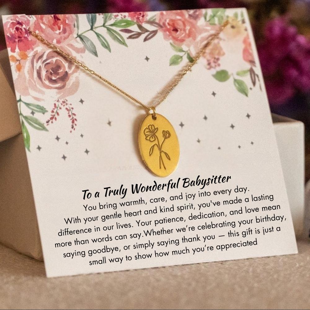 Personalized Babysitter Birth Flower Necklace, Baby Sitter Thank You Jewelry, Babysitter Appreaciation Necklace, Babysitter Birthday Gift