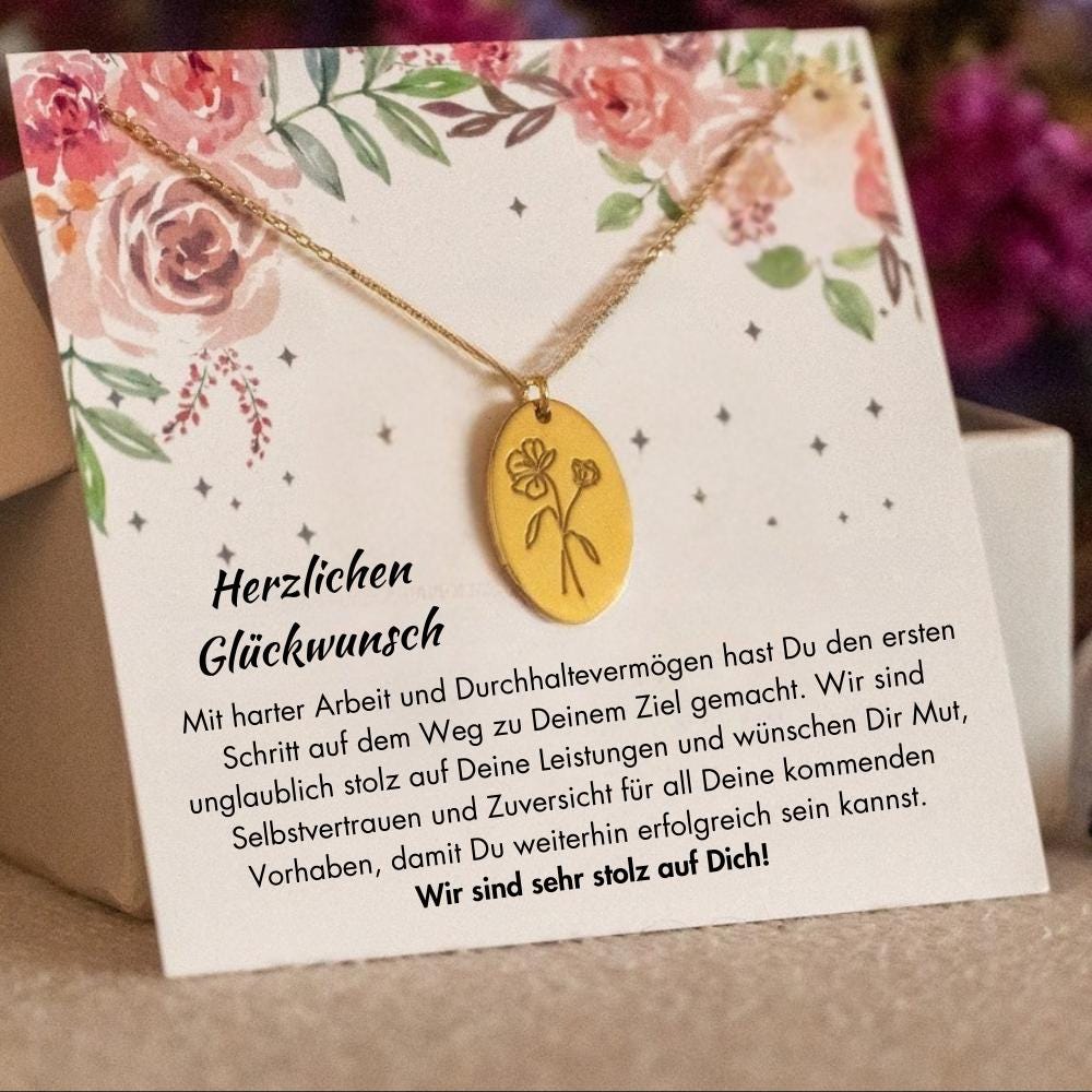 Personalisierte Geburtsblumen Abitur Halskette, Gravur Abitur 2025 Schmuck, Abschlussgeschenk für Master & Bachelor, Karte mit Schmuck