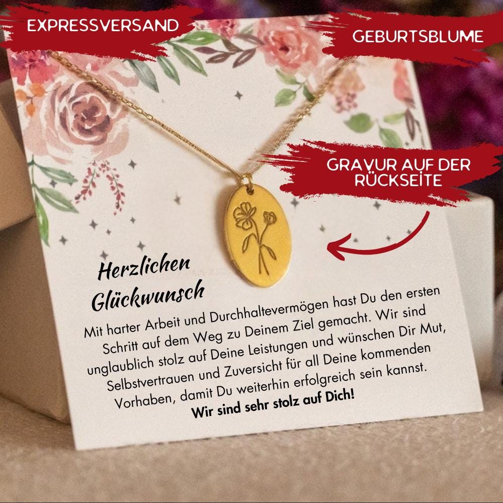 Personalisierte Geburtsblumen Abitur Halskette, Gravur Abitur 2025 Schmuck, Abschlussgeschenk für Master & Bachelor, Karte mit Schmuck