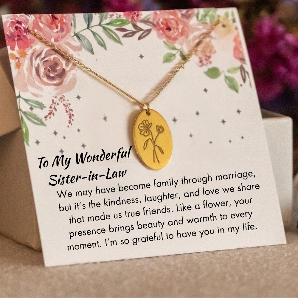 Personalized Sister in Law Birthflower Necklace, Sister in Law Wedding Gift, Sister in Law Birthday Jewelry Sister of the groom wedding gift