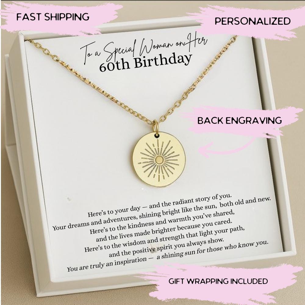 60th Birthday Gift for Woman, 60 Year Old Jewelry, Meaningful 60th Birthday Present, 60th Birthday Sun Necklace with Back Engraving
