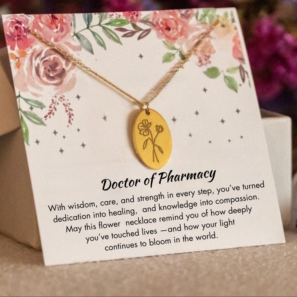 Doctor of Pharmacy Flower Back Engraving Rx Charm Silver Gift, New Pharmacist Necklace, PharmD Graduation Gift, PharmD Gift