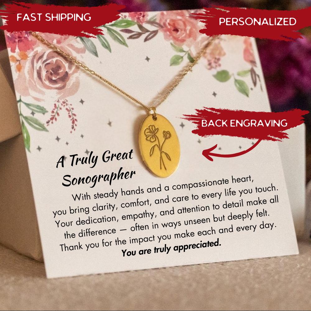 Personalized Sonographer Birth Flower Necklace, Sonographer Thank You Jewelry, RDMS Appreaciation Necklace, Ultrasound Tech Gifts,