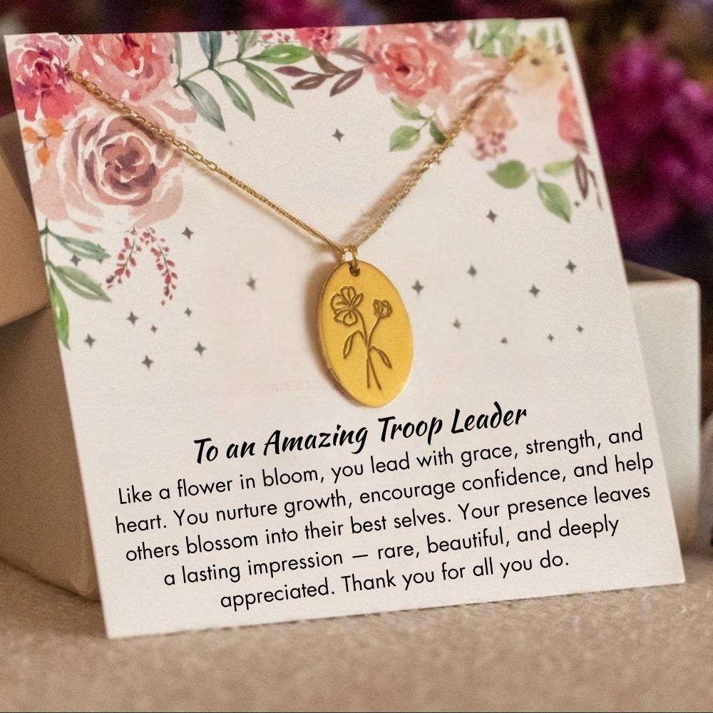 Personalized Troop Leader Birth Flower Necklace, Troop Leader Thank You Jewelry, Scout Leader Appreaciation Necklace, Girl Scout Leader Gift