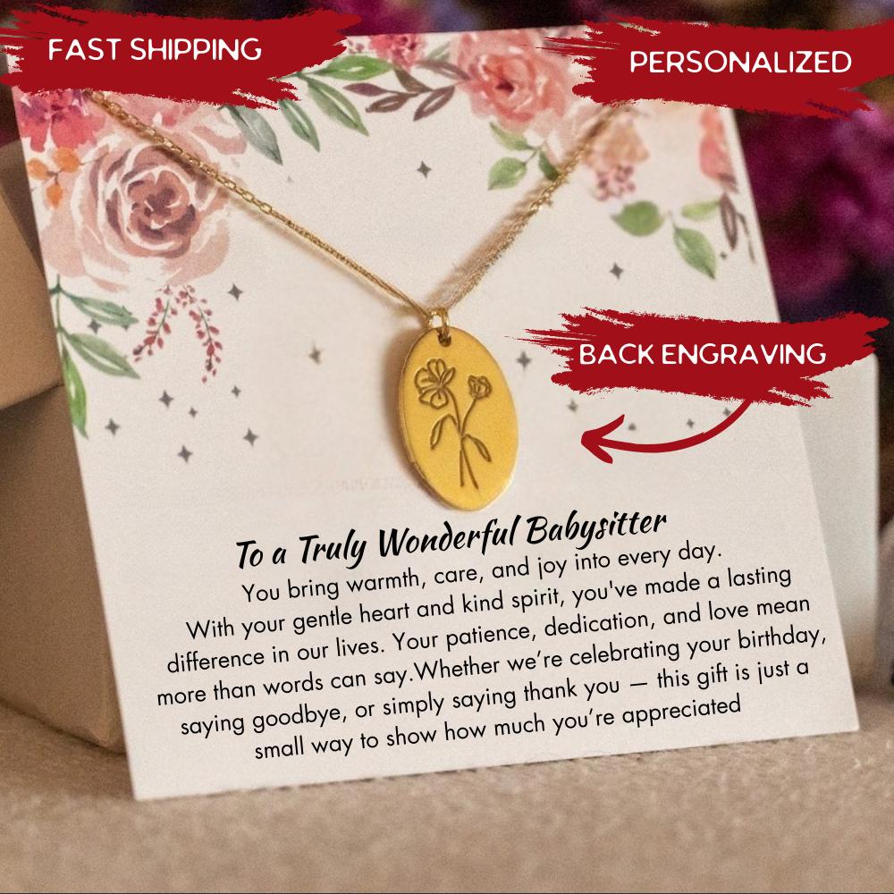 Personalized Babysitter Birth Flower Necklace, Baby Sitter Thank You Jewelry, Babysitter Appreaciation Necklace, Babysitter Birthday Gift
