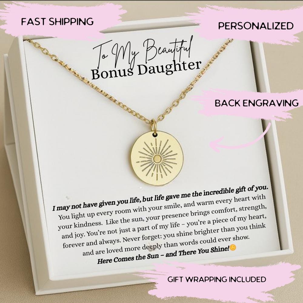 Personalized Bonus Daughter Necklace,  Bonus Daughter Engraved Jewelry,  Step Daughter Birthday Gift, Unique Sun Necklace Adopted Daughter
