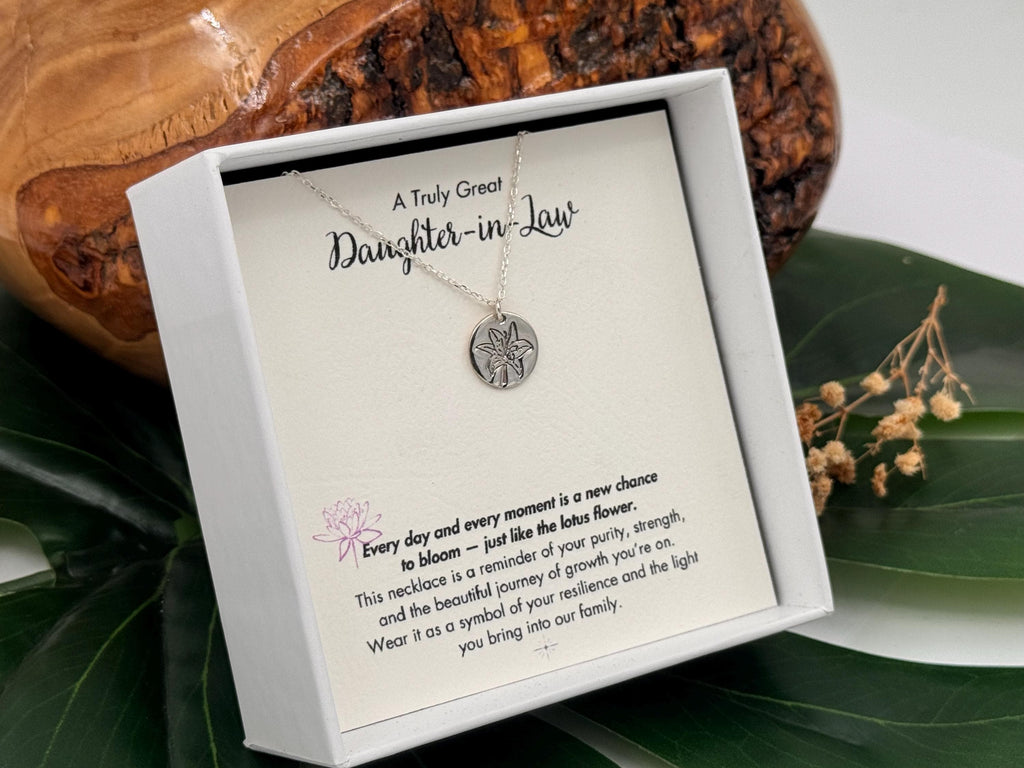 Daughter in Law Lotus Silver Necklace, Daughter In Law Christmas Gift, Gift for Bride from MIL,  Daughter-In-Law Birthday Gift