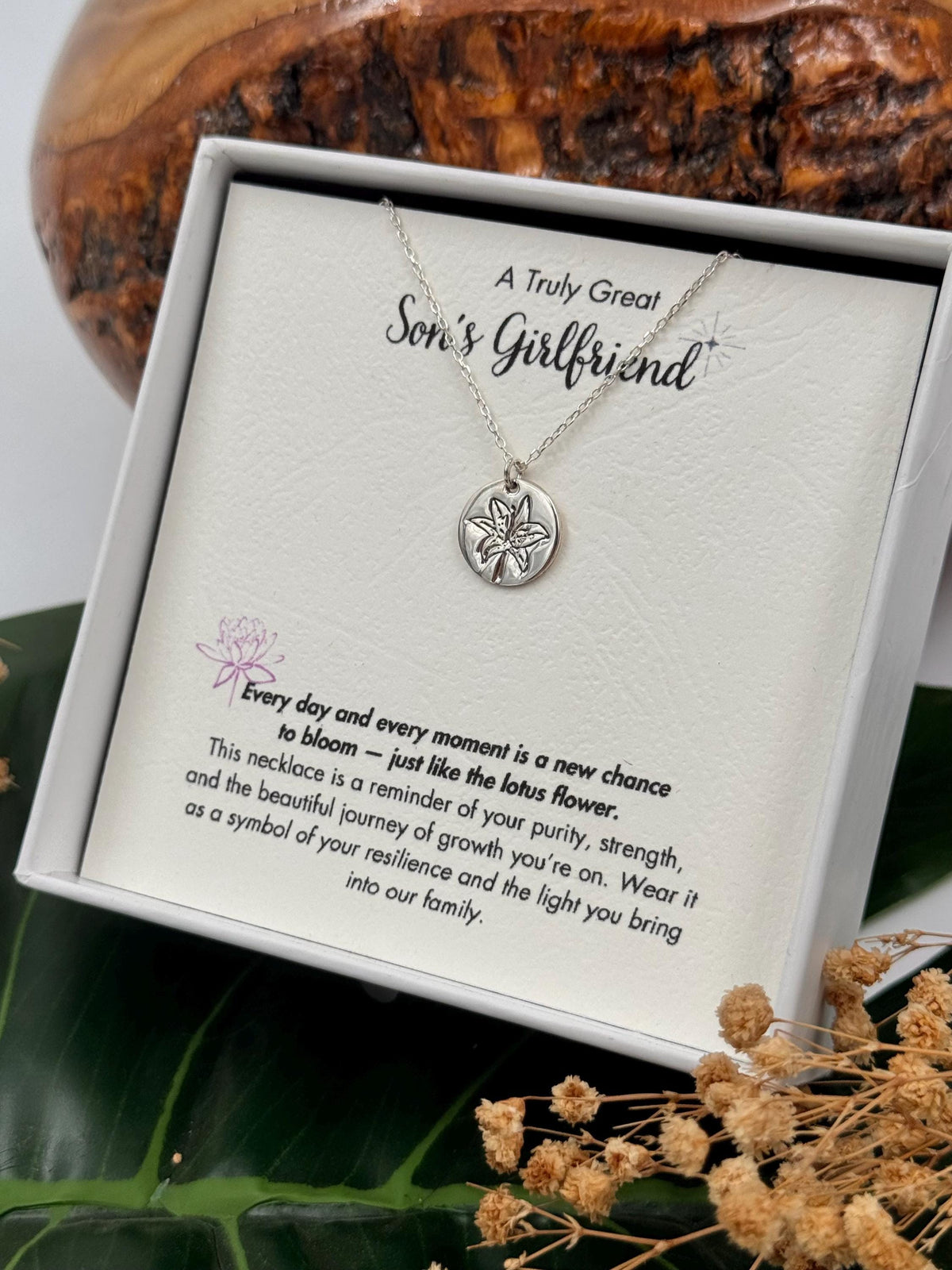 Sons Girlfriend Lotus Necklace, Son's Girlfriend Christmas Gift, Son Life Partner Birthday Gift,  Son's Girlfriend Jewelry Birthday Gift