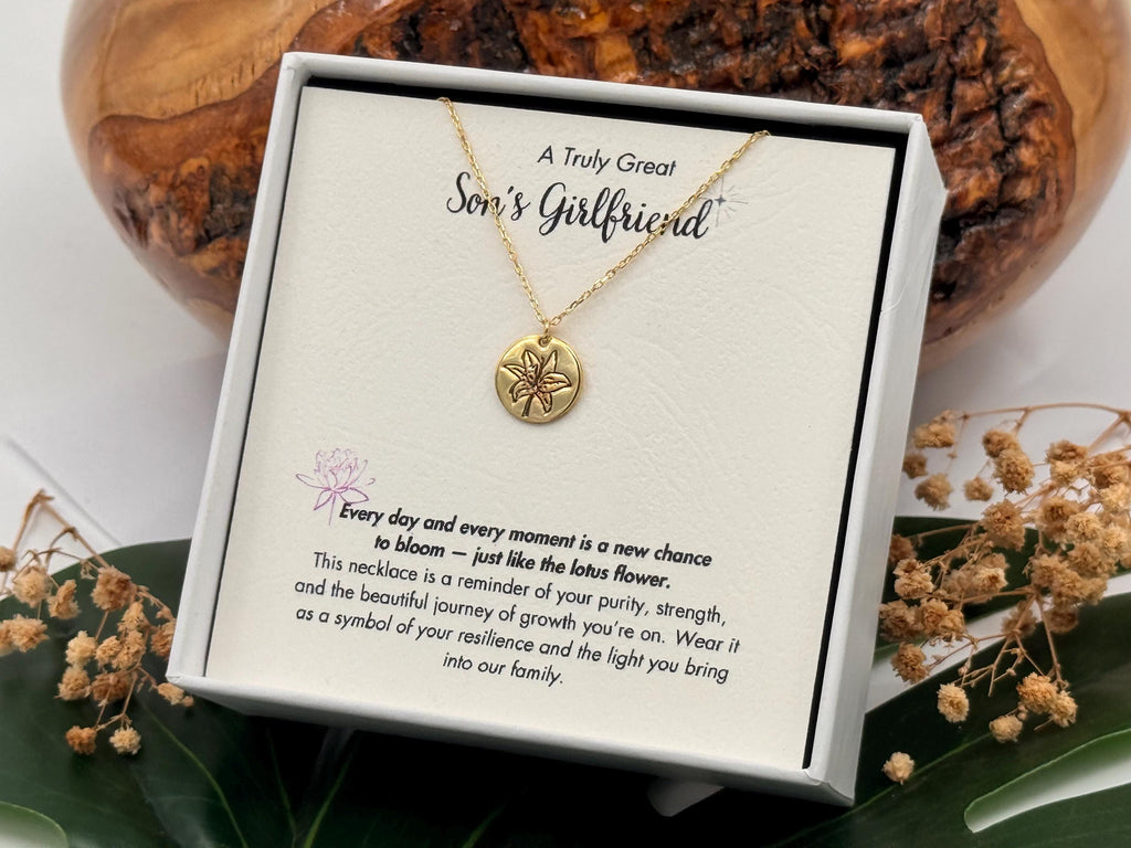 Sons Girlfriend Lotus Necklace, Son's Girlfriend Christmas Gift, Son Life Partner Birthday Gift,  Son's Girlfriend Jewelry Birthday Gift