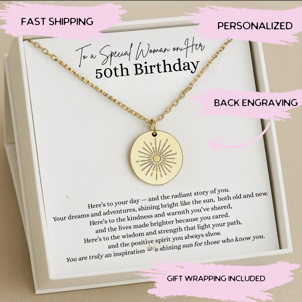 50th Birthday Gift for Woman, 50 Year Old Jewelry, Meaningful 50th Birthday Present, 50th Birthday Sun Necklace with Back Engraving