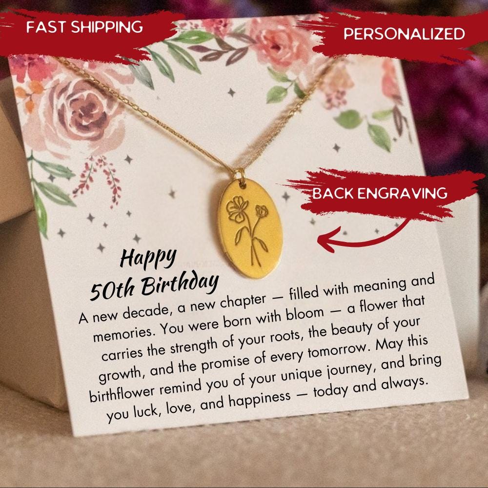 50th Birthday Silver Birthflower Necklace, Women 50th Birthday Jewelry,  Friend turning 50 Gift for Women