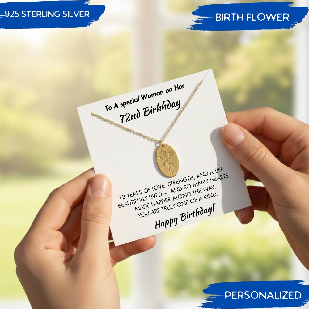 72nd Birthday Birthflower Name Necklace,  A Woman Turning 72, 72nd Birthday Gift For Her, Sterling Silver Birthday Jewelry