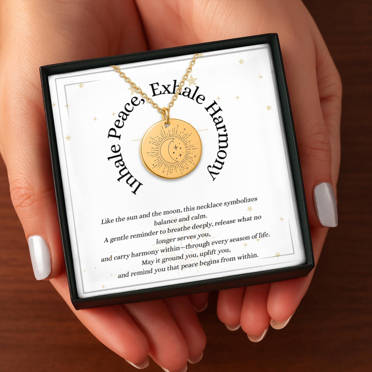 Inhale Peace, Exhale Worry Affirmation Pendant, Sun and Moon Inspirational Jewelry, Encouragement Necklace, Anxiety Relief Self Care